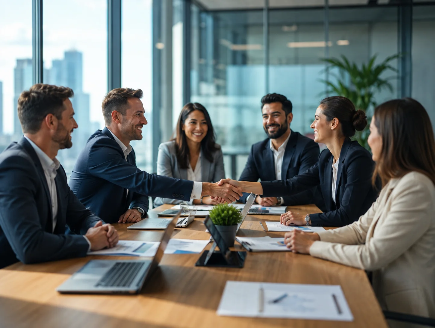 Modern business district representing strategic workforce partnerships